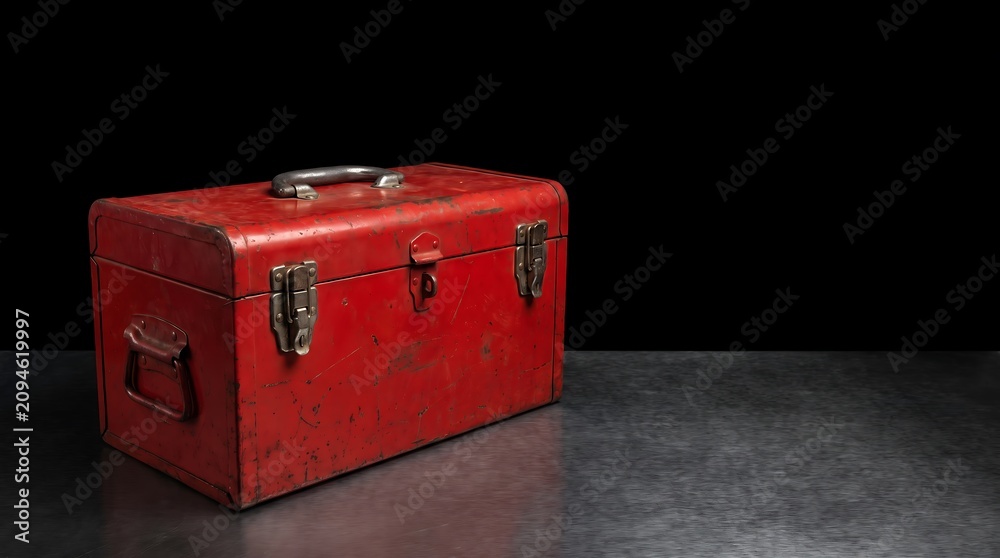 Obraz premium Closed Red Metal Toolbox on Dark Industrial Background Copy Space