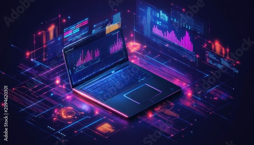 sleek laptop surrounded by floating holographic data screens and glowing neon circuitry displaying colorful charts and graphs, conveying futuristic excitement and dynamic digital focus
