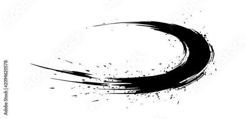 Powerful black ink brush stroke with rough curved wave and splatter