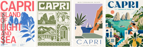Capri travel poster set with Mediterranean cliffs, sea views, lemons, coastal village, sailboats, woman, bold typography and Italian summer vector design.
