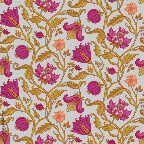 Chintz inspired Floral vintage seamless pattern in Jacobean style for retro wallpapers. Enchanted Vintage Flowers. Design for wrapping paper, wallpaper, fabrics and fashion clothes.