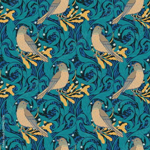 Vintage style seamless pattern with Floral wreath and birds for retro wallpapers. Enchanted Vintage Flowers. Arts and Crafts movement inspired. Design for wrapping paper, wallpaper, fabrics and