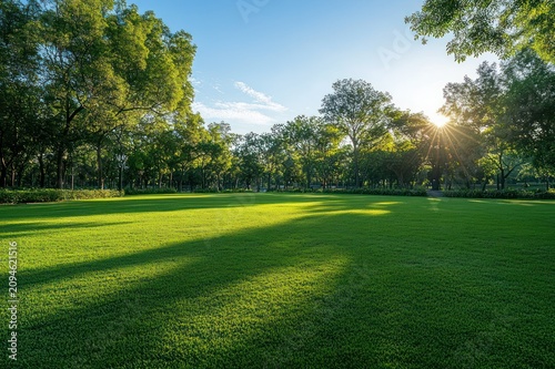 sunlit open green lawn with sunburst through trees, long shadows and calm peaceful morning light