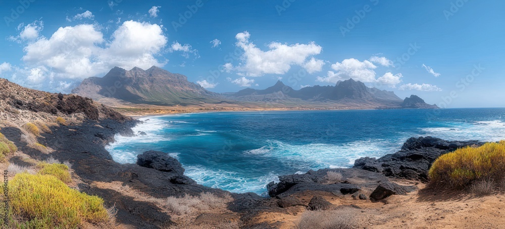 Fototapeta premium sunlit rugged coastline with turquoise sea and crashing waves, rocky foreground and sandy bay, distant mountain peaks under blue sky with fluffy clouds, calm expansive mood