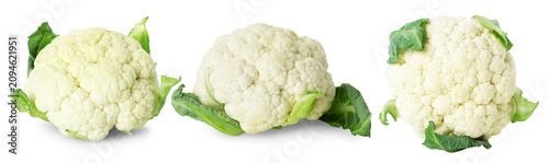 Three fresh cauliflower heads isolated on a white background