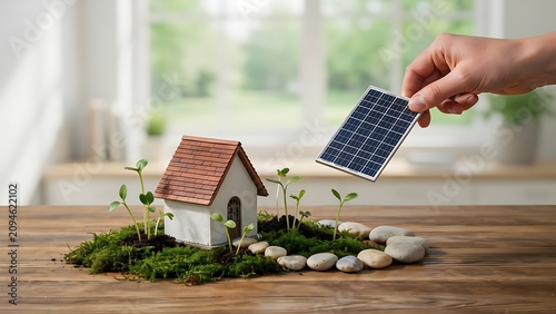 Hand holding solar panel over house plants on wooden table in eco friendly home with white window  sustainable living