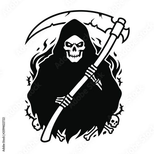 Fotografie Grim Reaper character with scythe and skulls depicted in a bold black and white