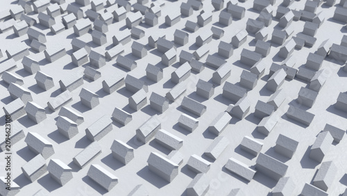 Fotografi Aerial view of countless identical gray houses arranged in a dense, grid-like pattern across a flat surface, casting consistent shadows under bright, even lighting