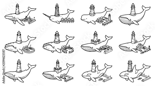 Obraz na płótnie Whales carrying lighthouses on their backs, cartoonish illustration, white backg
