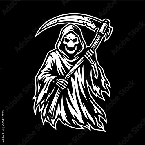 Obraz na płótnie Spooky Skeleton Figure in a Hooded Robe Holding a Large Scythe Emblematic of Mor