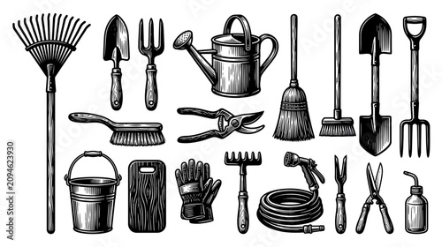 Canvas Print Garden Tools Collection: Rake, Shovel, Watering Can, Pruners, Gloves, Hose