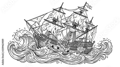 Tableau sur toile Vintage Sailing Ship Battling Stormy Seas, Black and White Illustration