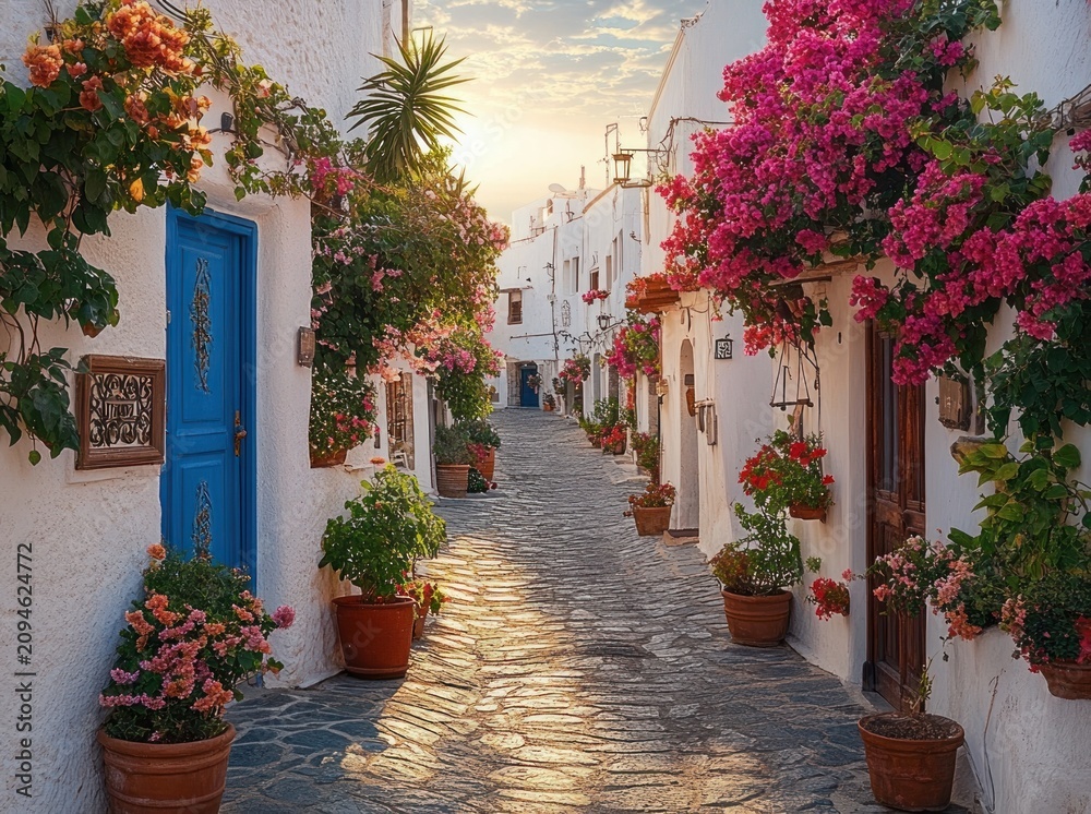 Obraz premium Sunlit cobblestone alley with whitewashed houses, blue door and overflowing pink bougainvillea in a peaceful warm village at golden hour