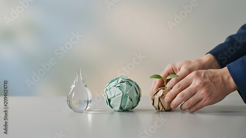 Person hands holding small green plant in brown paper eco friendly next to clear glass water droplet and green crumpled paper ball on white table