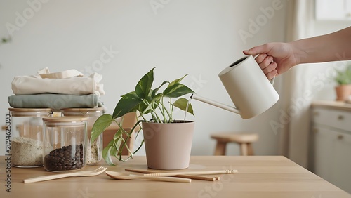 A person watering a plant on a table with jars and utensils
