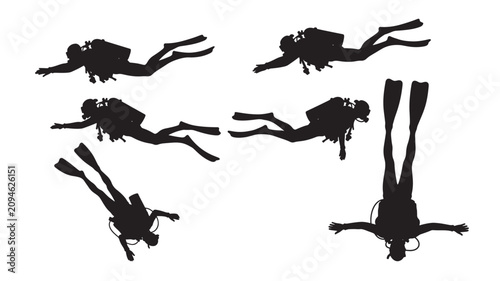 Quadro su tela Scuba Divers Swimming Underwater with Fins and Equipment in Various Positions Fe