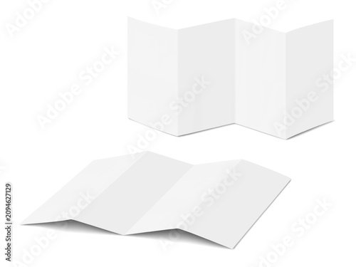Blank white 4 panel 8 page zig zag concertina fold card. Realistic vector mockup. Open accordion fold brochure, booklet, leaflet, flyer. 3d mock-up. Z folded paper sheet. Template for design