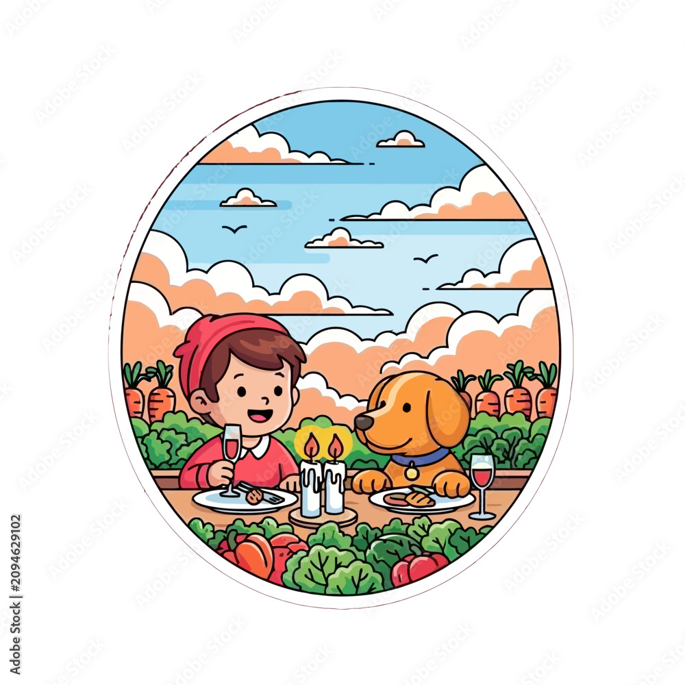 Naklejka premium A girl and her dog enjoy a festive outdoor Thanksgiving dinner with family, surrounded by lush greenery, vibrant vegetables, and a serene lake view under a partly cloudy sky.