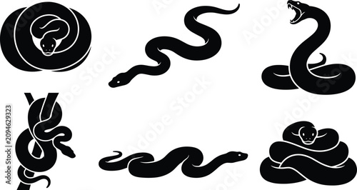 Tableau sur toile Snake Silhouette Collection with Coiled, Slithering, Striking, and Wrapped Serpe