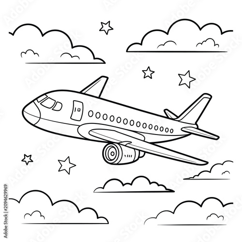 子供向けに雲と星のある空を飛ぶカートゥーン飛行機を描いたシンプルな白黒塗り絵ページ