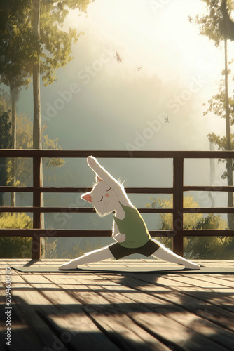 Cartoon cat in green tank top performs yoga pose on wooden deck surrounded by trees and soft sunlight filtering through the foliage