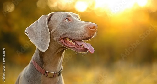gray short-haired dog wearing a collar panting and looking up with a joyful, attentive expression in a warm golden sunset field