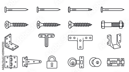 Hardware supplies nails screws hinges and metal brackets.