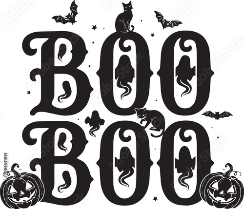 Halloween Boo Boo Vector Typography Design with Black Cats, Ghosts, Bats, and Pumpkins Silhouette