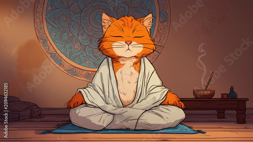 Cartoon cat with orange fur sits cross-legged in a traditional robe, meditating on a blue mat with a decorative wall and a bowl nearby