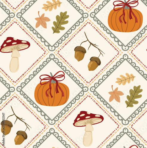 Cozy autumn patchwork seamless pattern. pumpkins with red bows, mushrooms, acorns, and fall leaves inside lace argyle frames. Whimsical cottagecore  background for Thanksgiving. Vector illustration.