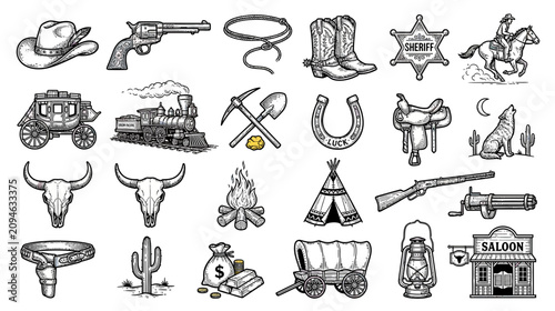Foto Wild West Collection: Cowboy Hat, Gun, Horse, Wagon, Saloon, Sheriff Badge