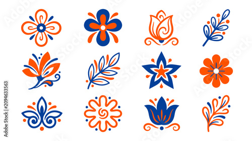 Set of Folk Art Flowers and Leaves, Orange and Blue Motifs, White Background