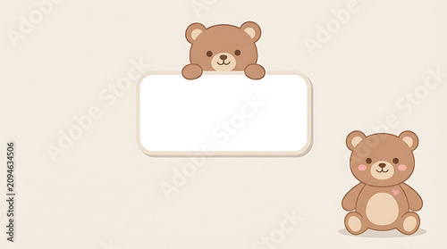 Two brown teddy bears sitting on a white sign