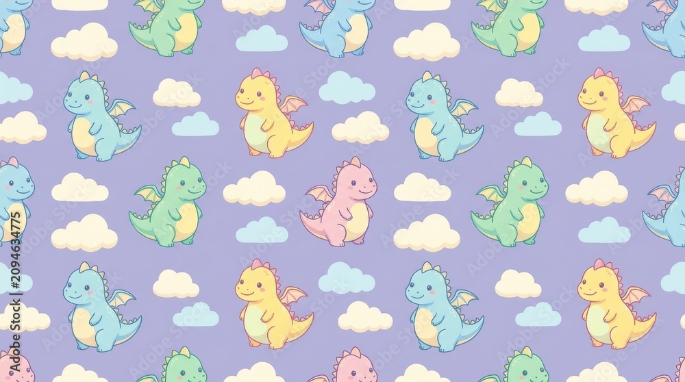 Fototapeta premium Adorable Cartoon Dinosaurs and Clouds Pattern on Purple Background