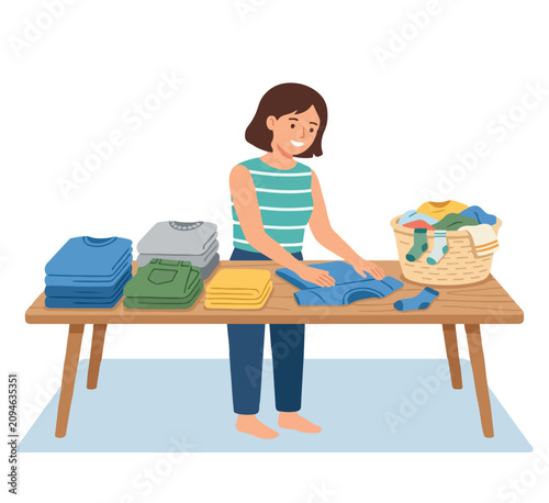 Simple flat illustration of folding some clean clothes into a neat stacks on the table, modern vector style, no outline, white background.