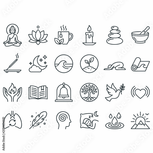 A collection of line icons representing mindfulness, meditation, relaxation, nature, and spiritual well-being concepts.