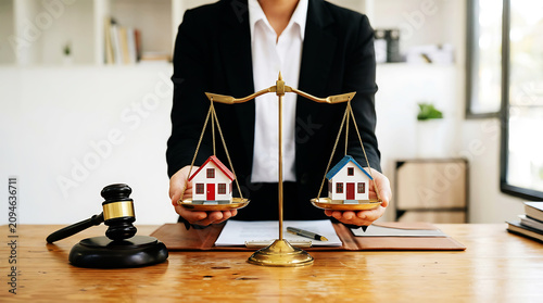Balanced scale weighing miniature houses and coins