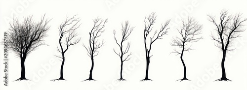 row of seven bare tree silhouettes with exposed roots on a pale background evoking quiet melancholy