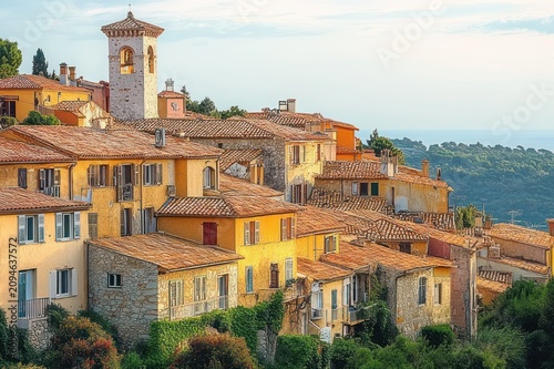 sunlit mediterranean hilltop village with terracotta roofs, stone houses, bell tower and tranquil sea in warm golden light