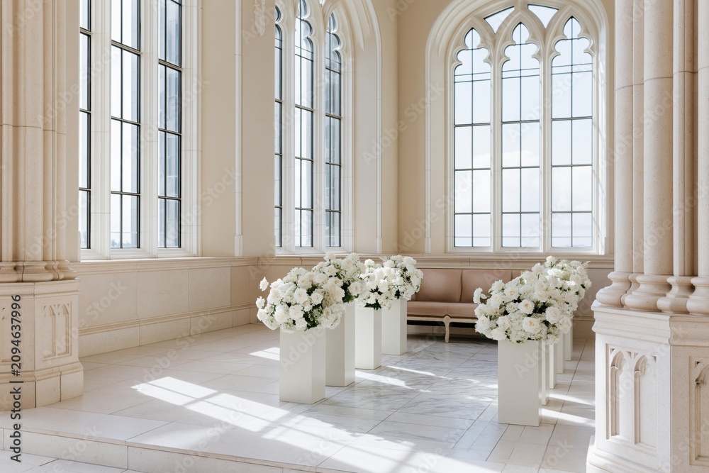 Obraz premium The Chapel Interior Featuring White Floral Arrangements and Sunlit Arched Windows