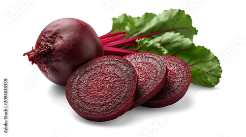 Fresh Sliced Beets With Greens Isolated On White