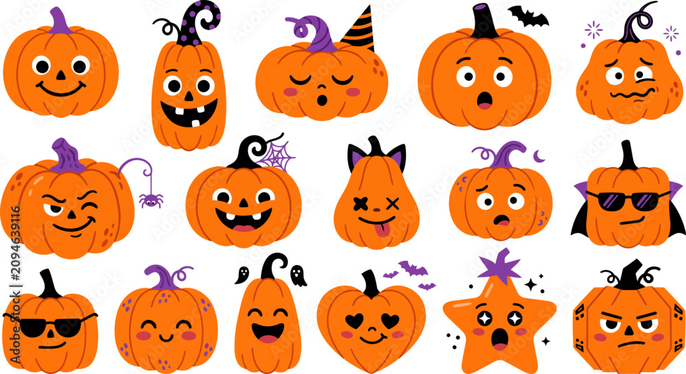 Fototapeta premium Halloween pumpkins and faces for spooky decorations and costumes