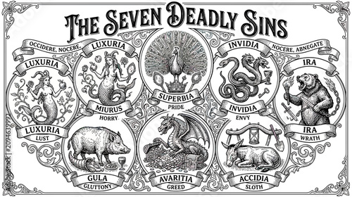 Fotografi The Seven Deadly Sins Illustration with Mythical Creatures and Symbols