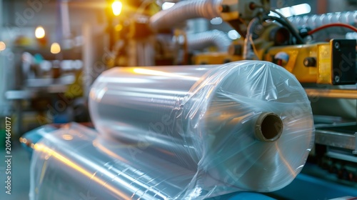Large roll of clear plastic sits on a production line