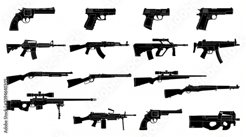 Konstfotografi This image is an illustration or collection of silhouettes of various types of firearms from classic to modern, arranged neatly to show the differences in shape and function of each type
