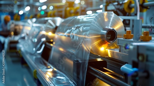 Shiny metal rolls move smoothly through industrial machinery