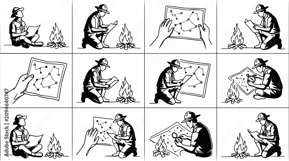 Obraz premium Scout Studying Star Map by Campfire: Exploration, Navigation, Learning