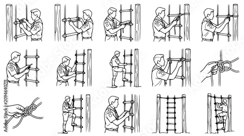 Fényképezés Scout Demonstrating How to Build and Climb a Rope Ladder