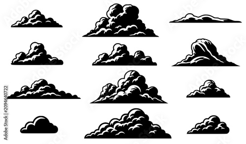 Schilderij op canvas Collection of Black and White Cloud Silhouettes - Isolated on White Background
