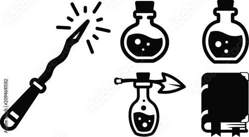 Konstfotografi Magic potion wizardry silhouette icon set vector illustration fantasy spellcasti